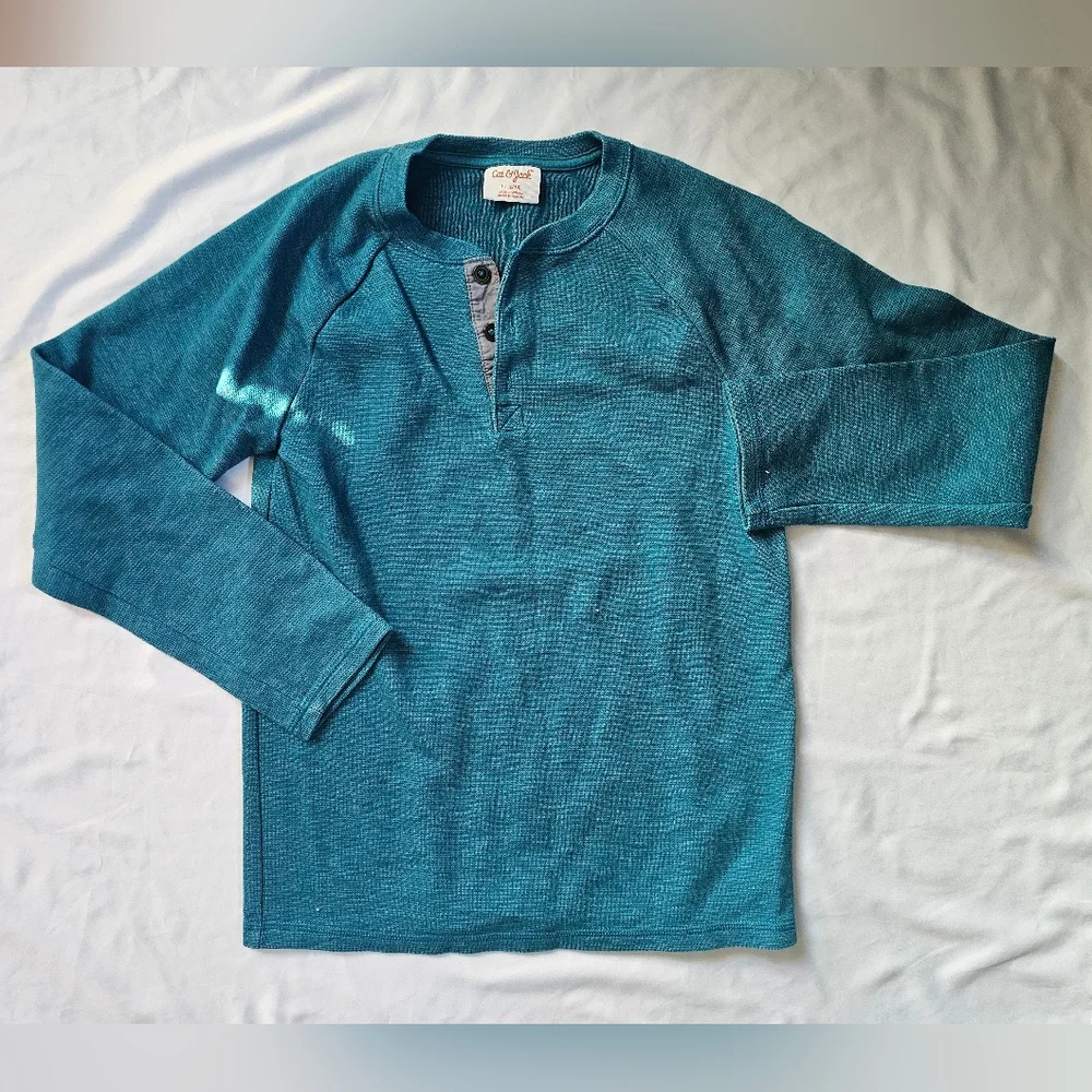 Cat & Jack Kids' Long-Sleeve Teal Waffle-Knit Henley Shirt- Large 12/14